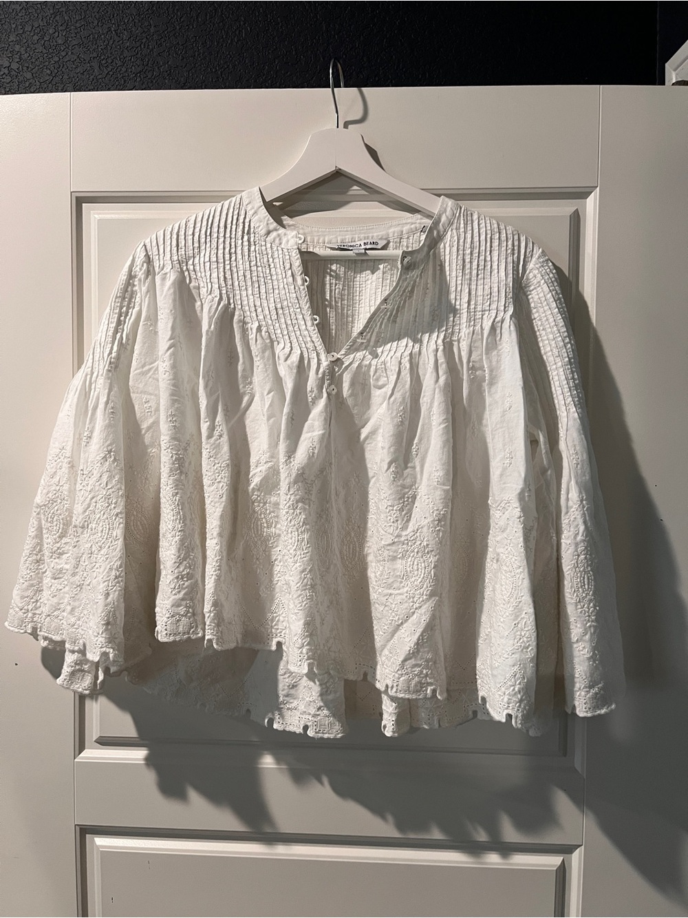 Veronica Beard Quimby White Pintuck & Embroidered Peasant Blouse